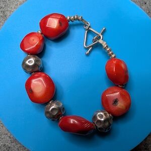 Vintage Dyed Bamboo Coral Chunky Bracelet with Hill Tribe Silver